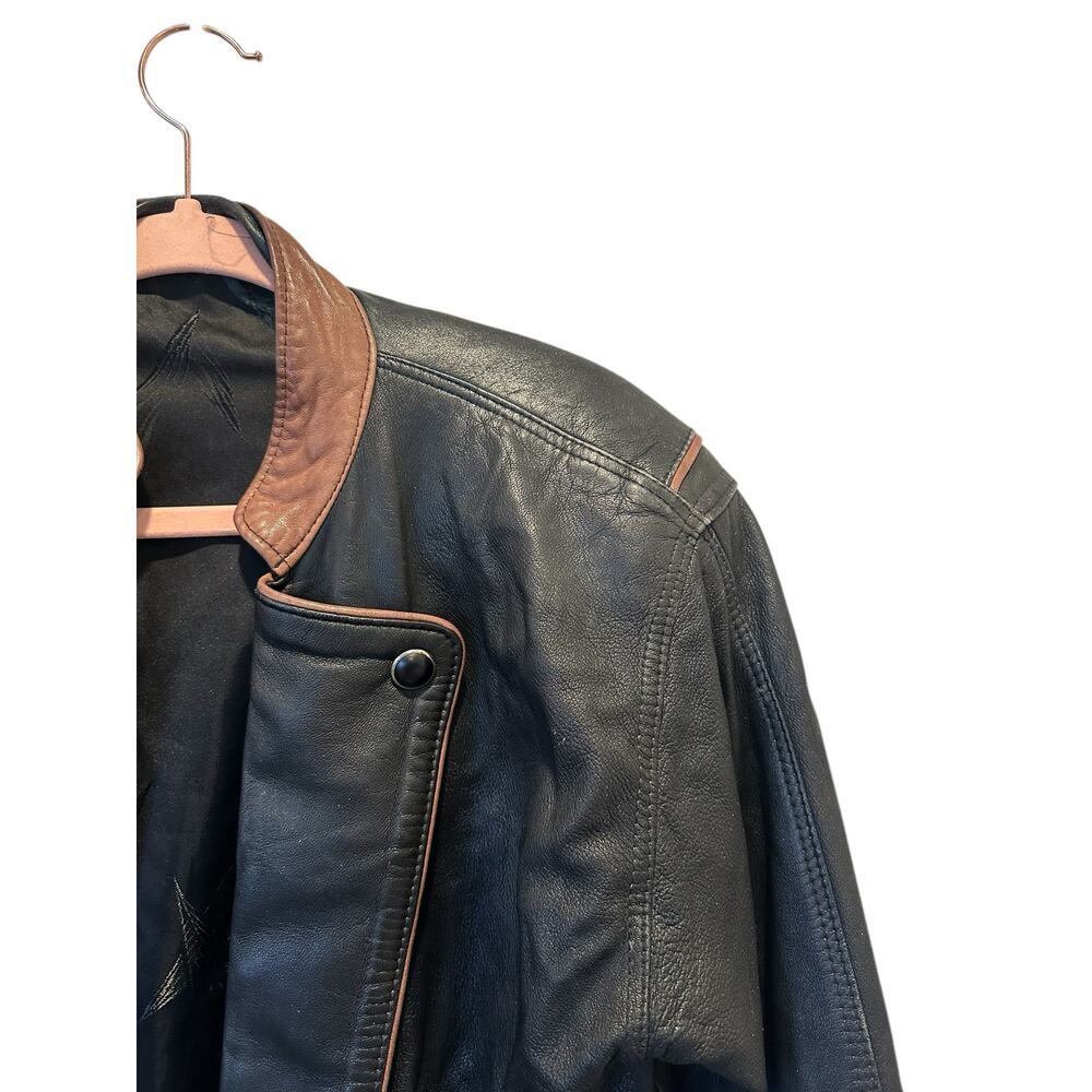 Vintage Butter Soft Black Leather Moto Jacket Brown Trim Quiet Luxury Minimalist - Picture 6 of 16